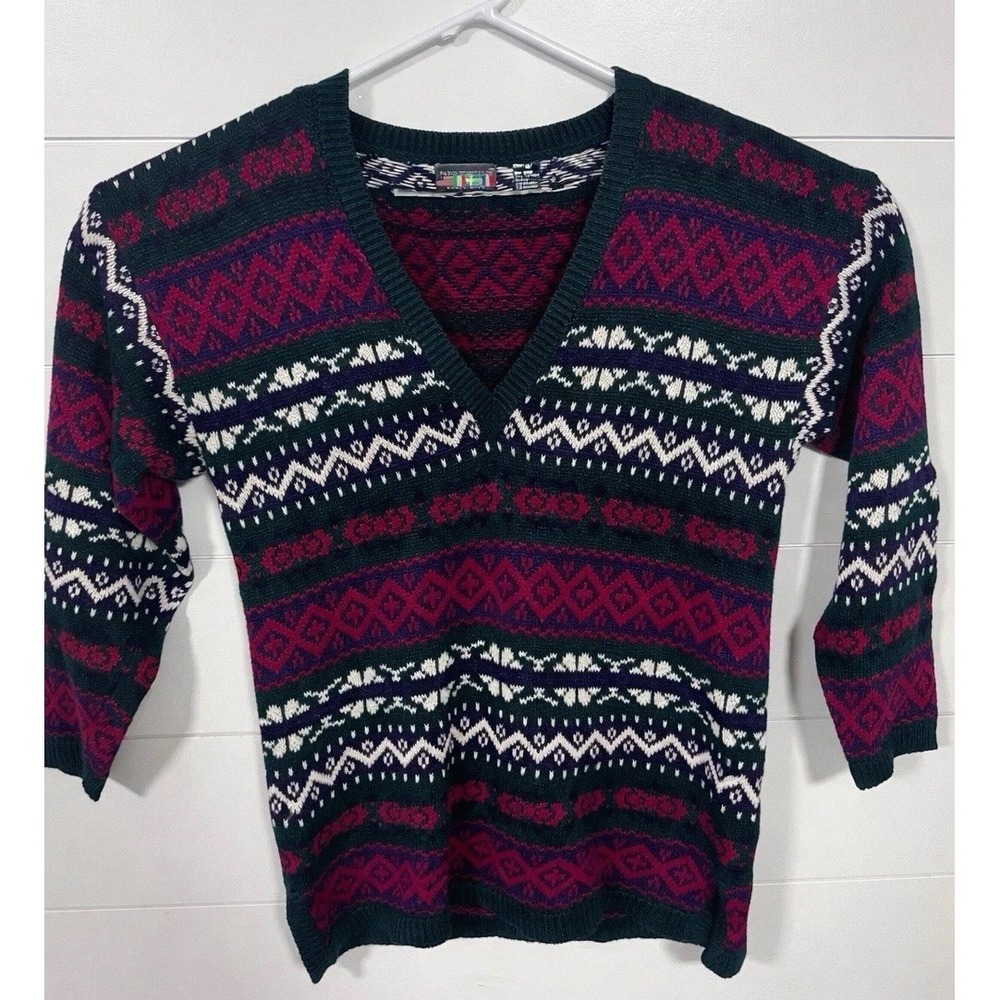 Vintage‎ Paris Sport Club V Neck Fair Isle Green Pink Sweater Size Medium